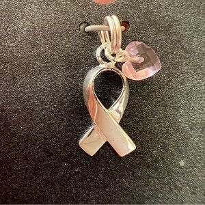 Sterling Silver Ribbon Charm  with Pink crystal Heart